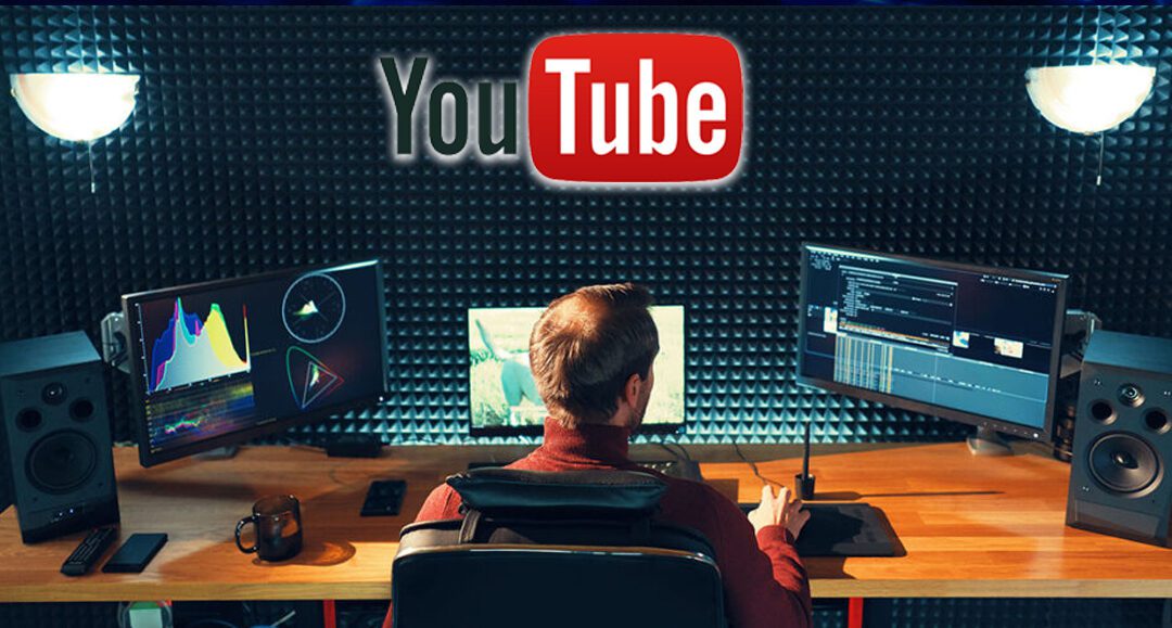 Video production using computers and editing equipment featuring YouTube logo