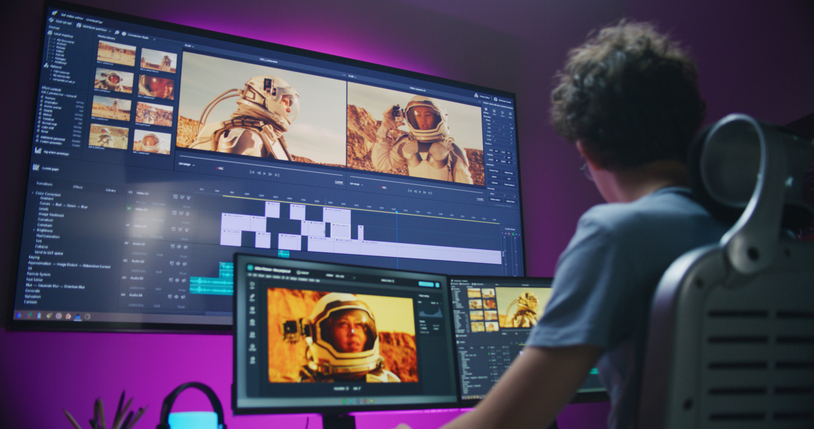 Young video maker edits movie on PC at home back of male asian producer arranging a song in home studio, music production technology concept
